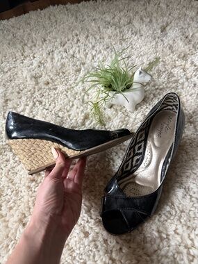 Dexter Black Patent Peep-Toe spring evening going out comfy Espadrille Wedges bl